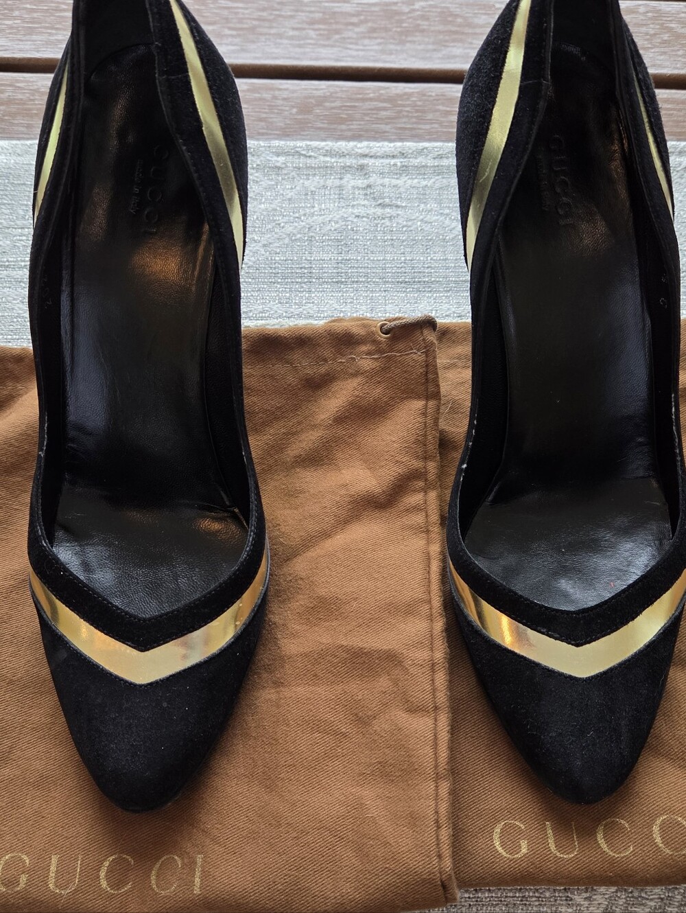 Gucci Black Suede Pumps with Gold Chevron Detail